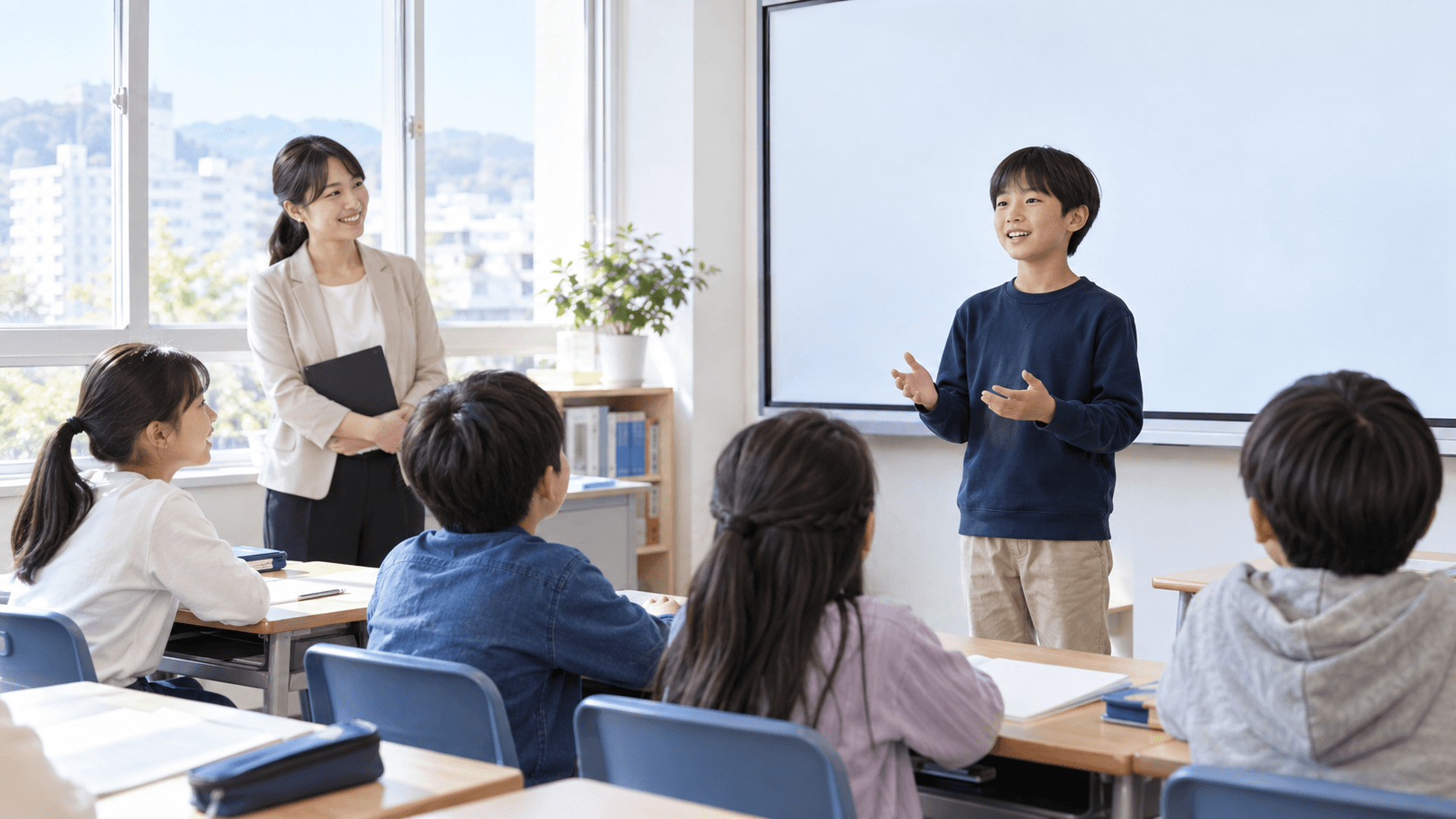 教室で発表練習をする子どもと見守る先生・生徒